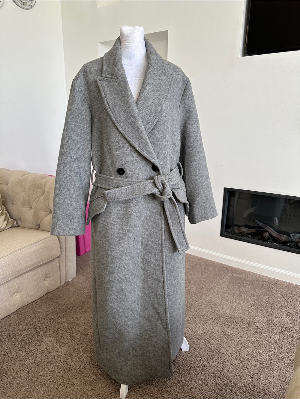 Zara Long Gray Wool-Blend Belted Trench Coat